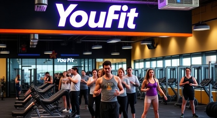 A vibrant Youfit gym showcasing members enjoying state-of-the-art equipment and group classes.